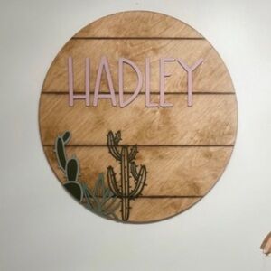 24” name Hadley Wooden Wall Decor with Cactus Design